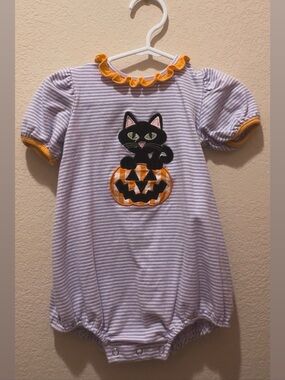 Purple Stripe Halloween Romper with Orange Trim and Cat Pumpkin Applique